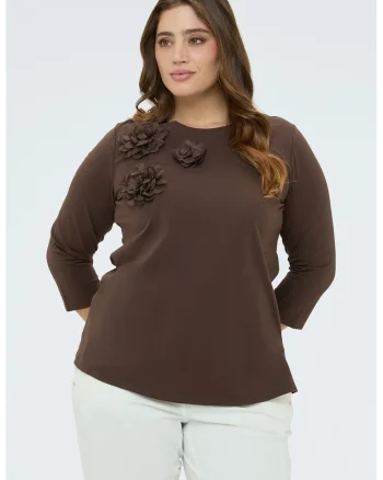 Bluza cu maneci 3/4 si aplicatii florale, Maro inchis