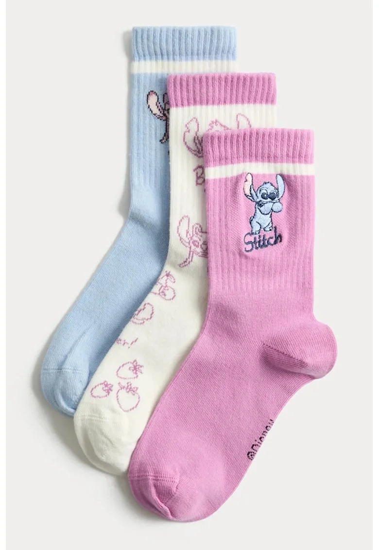 Set de 3 perechi de sosete lungi cu design Stitch, Roz/Albastru deschis