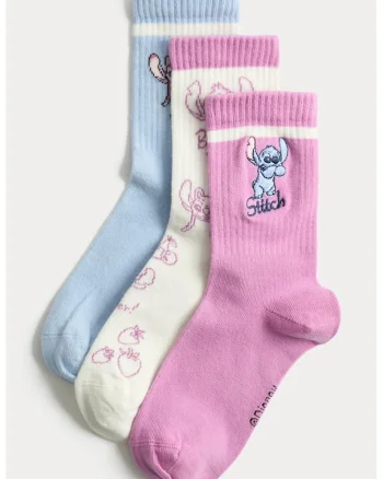 Set de 3 perechi de sosete lungi cu design Stitch, Roz/Albastru deschis