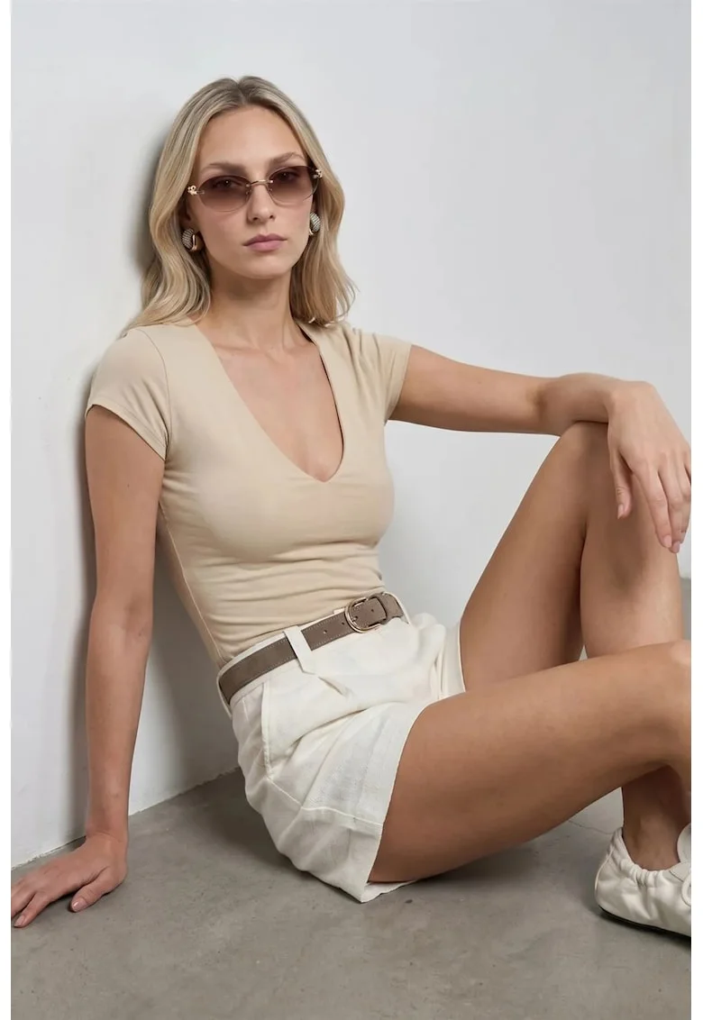 Bluza dama,  slim fit, decolteu in V, bej natural, bumbac cu elastan,