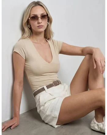 Bluza dama,  slim fit, decolteu in V, bej natural, bumbac cu elastan,