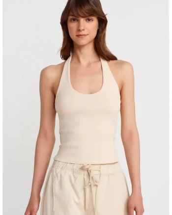 Maiou  fara maneci, guler halter, bej natural, material elastic