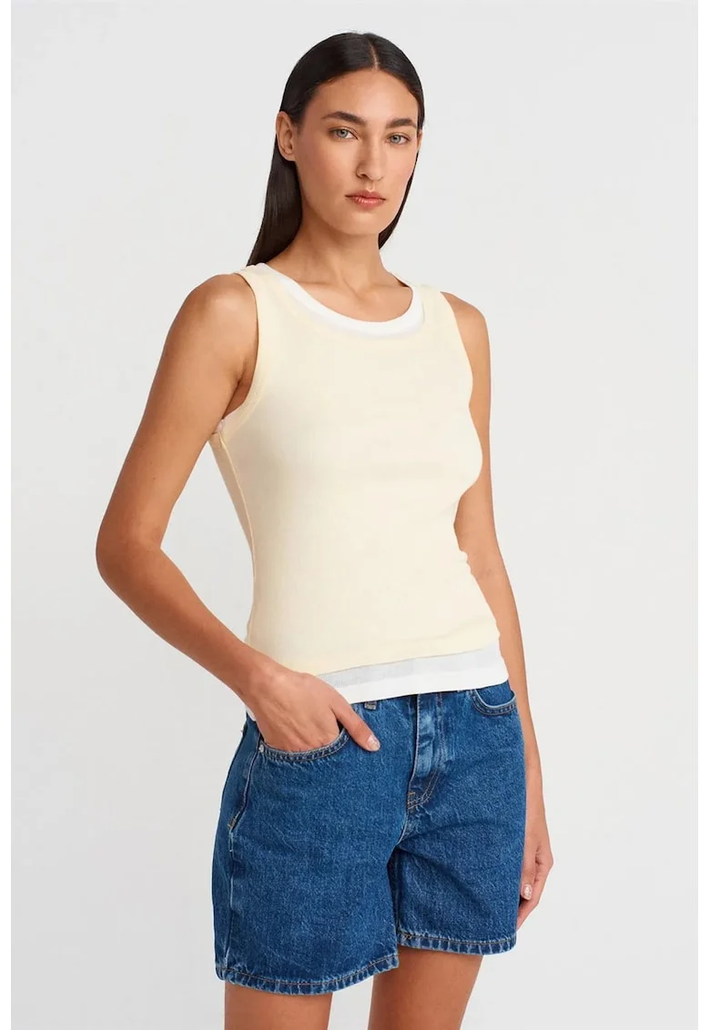 Maiou  din bumbac reiat, fara maneci, crem natural, casual