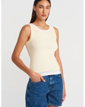 Maiou  din bumbac reiat, fara maneci, crem natural, casual