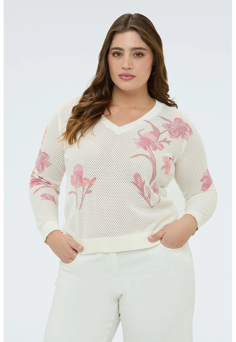 Pulover cu decolteu in V si model floral, Alb/Roz deschis