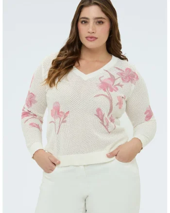Pulover cu decolteu in V si model floral, Alb/Roz deschis