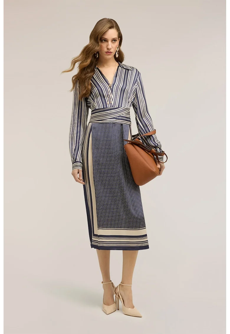 Rochie dreapta cu model, Albastru indigo/Bej deschis