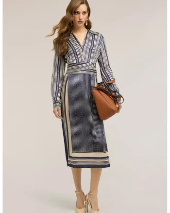 Rochie dreapta cu model, Albastru indigo/Bej deschis
