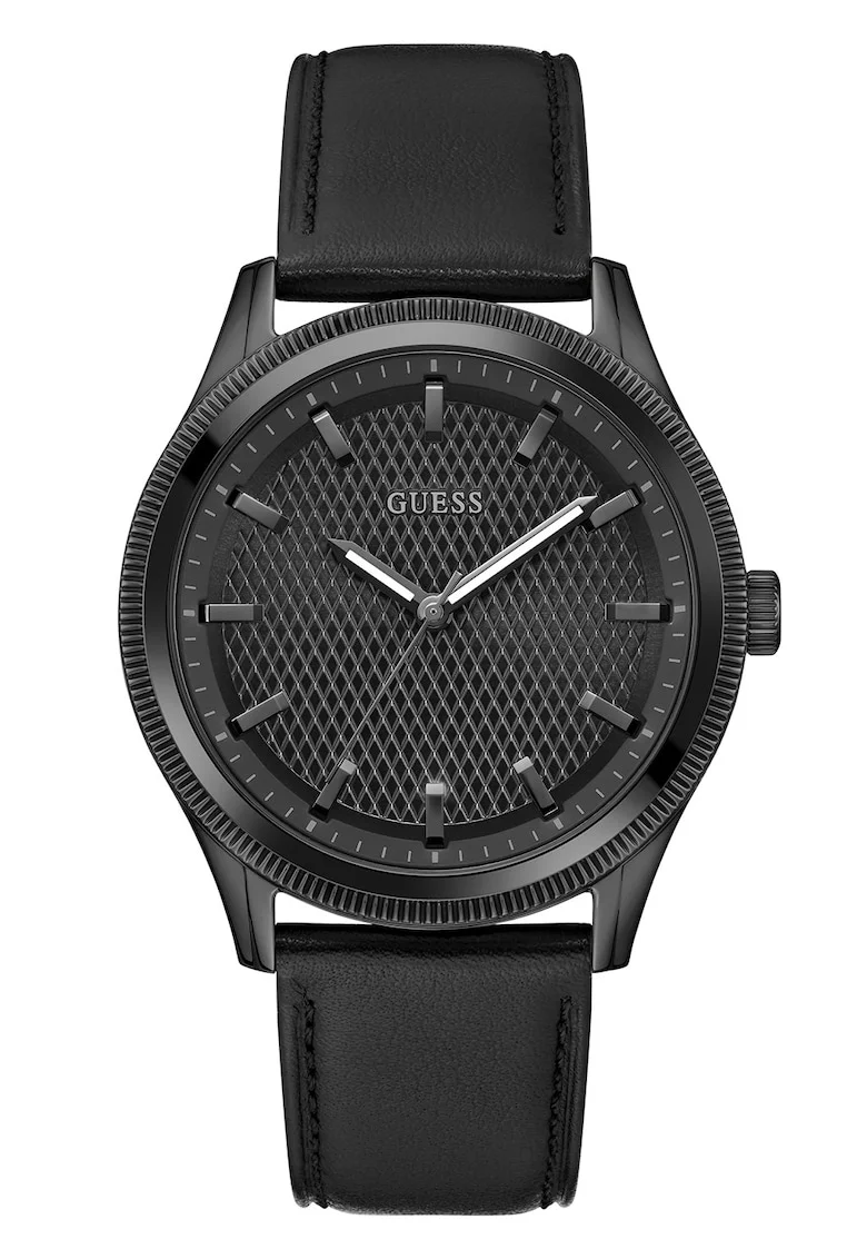 Ceas analog din otel inoxdidabil cu curea din piele, Negru/Negru carbon