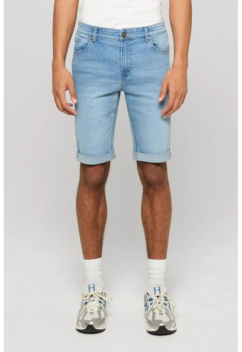 Bermude din denim cu terminatie plisata, Albastru deschis