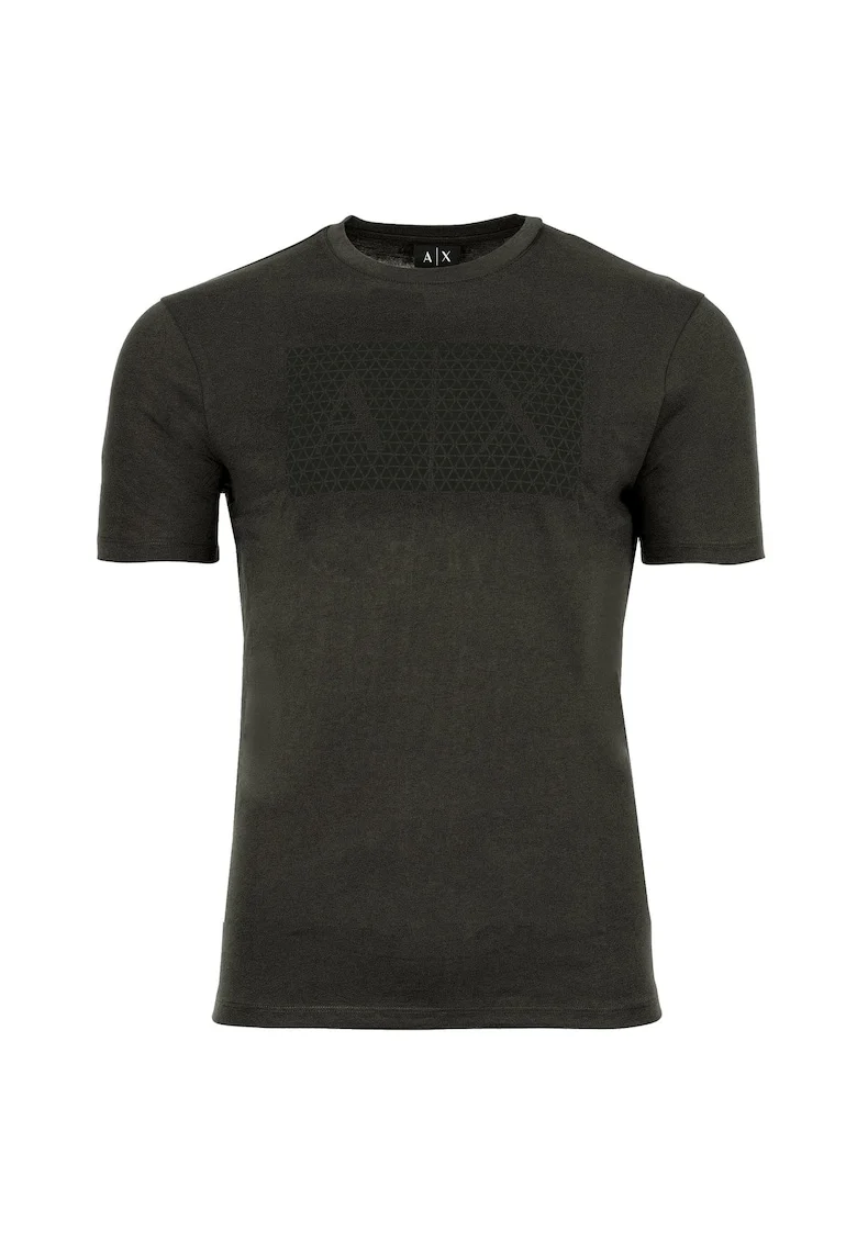 Tricou din bumbac cu decolteu la baza gatului si imprimeu logo, Gri inchis