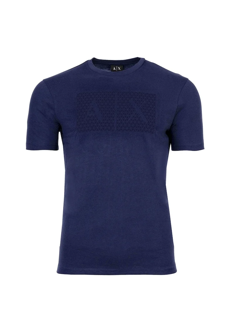 Tricou din bumbac cu decolteu la baza gatului si imprimeu logo, Albastru stins