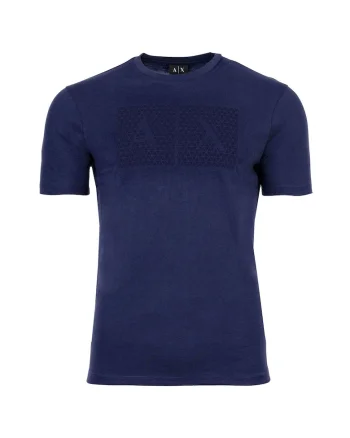 Tricou din bumbac cu decolteu la baza gatului si imprimeu logo, Albastru stins