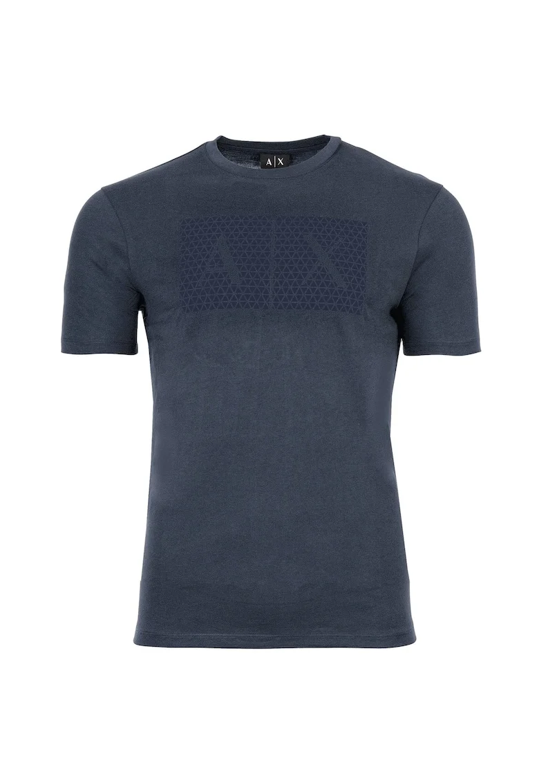 Tricou din bumbac cu decolteu la baza gatului si imprimeu logo, Albastru petrol