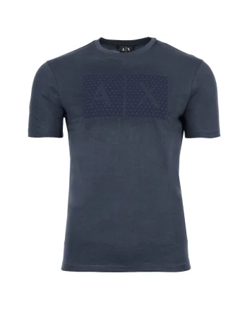 Tricou din bumbac cu decolteu la baza gatului si imprimeu logo, Albastru petrol
