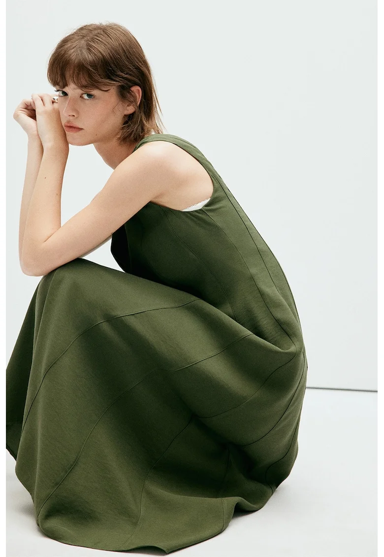 Rochie midi cu decolteu in V, Kaki inchis