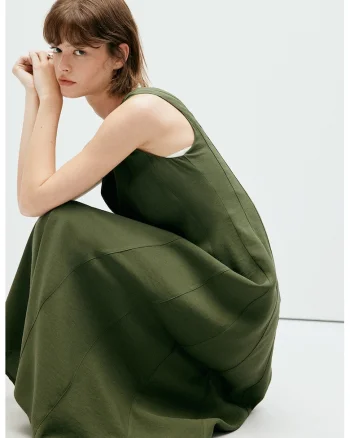 Rochie midi cu decolteu in V, Kaki inchis