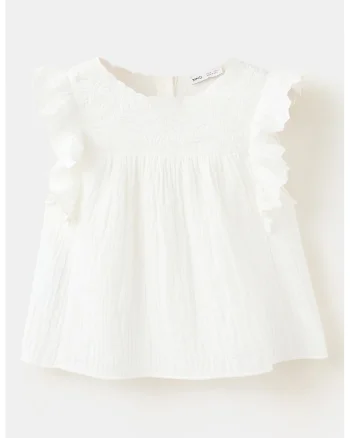 Bluza texturata cu maneci cu volane, Alb fildes