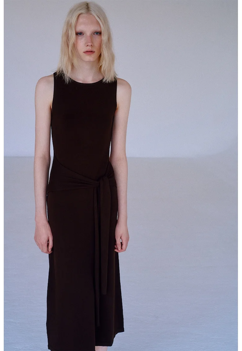 Rochie din tricot cu cordon in talie, Maro inchis