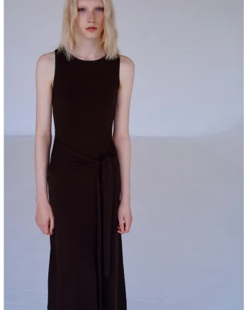Rochie din tricot cu cordon in talie, Maro inchis