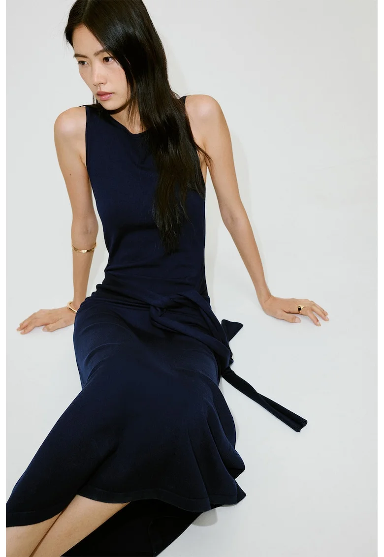 Rochie din tricot cu cordon in talie, Albastru ultramarin