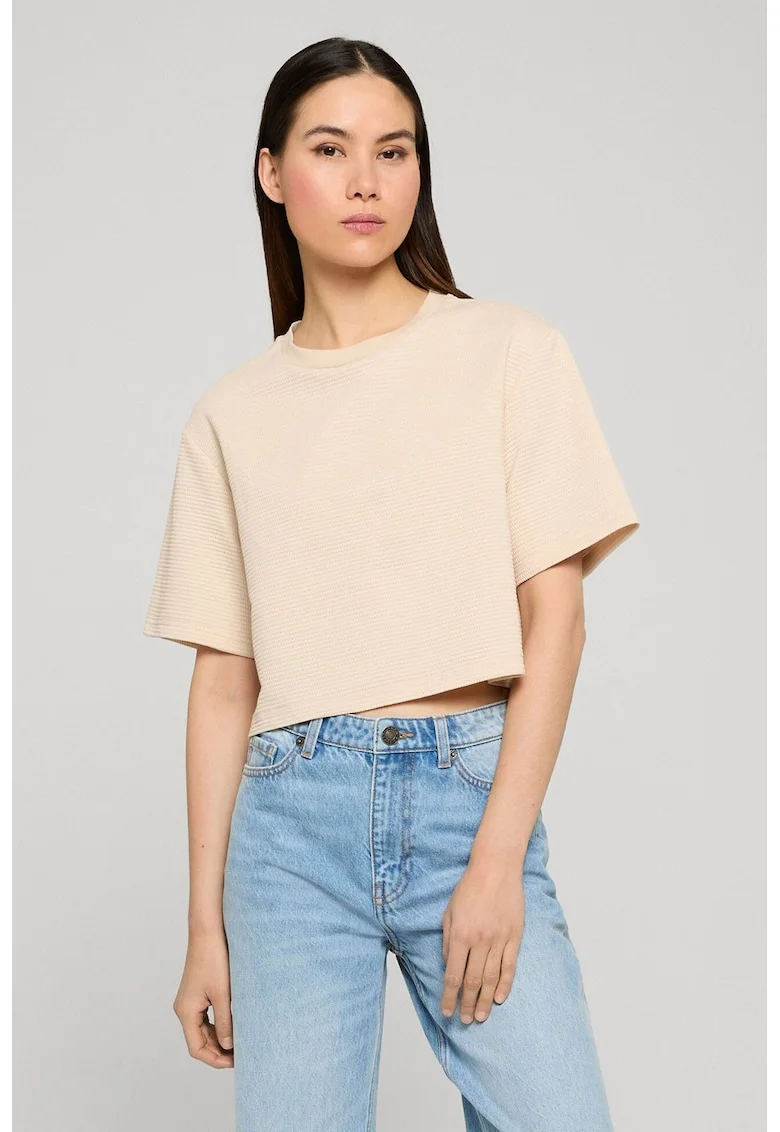 Tricou texturat cu decolteu la baza gatului, Crem