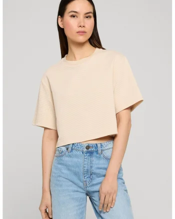 Tricou texturat cu decolteu la baza gatului, Crem