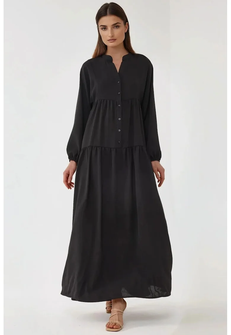 Rochie maxi,  texturata, decolteu in V, textil, Negru, Negru