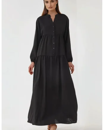 Rochie maxi,  texturata, decolteu in V, textil, Negru, Negru