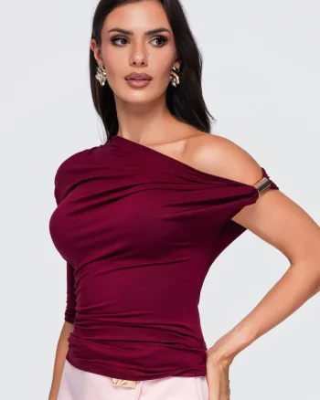 Bluze dama asimetrica cu decolteu tip off-the-shoulder si maneca lunga OW-TS-E0075, Visiniu