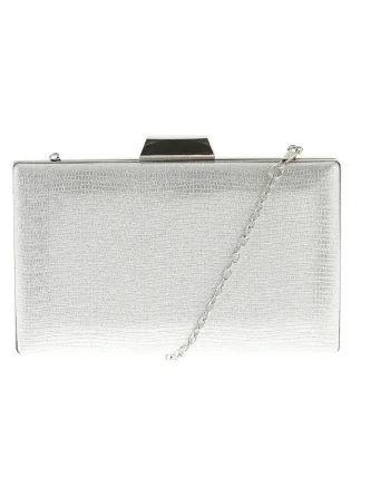 Clutch argintiu cu design compact si detalii metalice