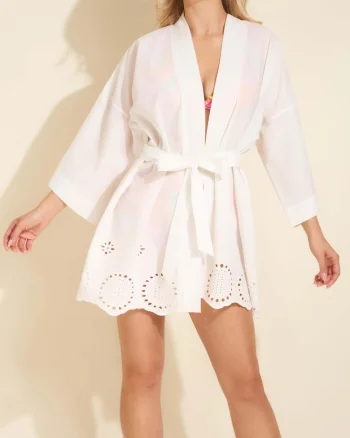 Kimono de plaja din bumbac, cu cordon in talie si imprimeu decorativ – Boho