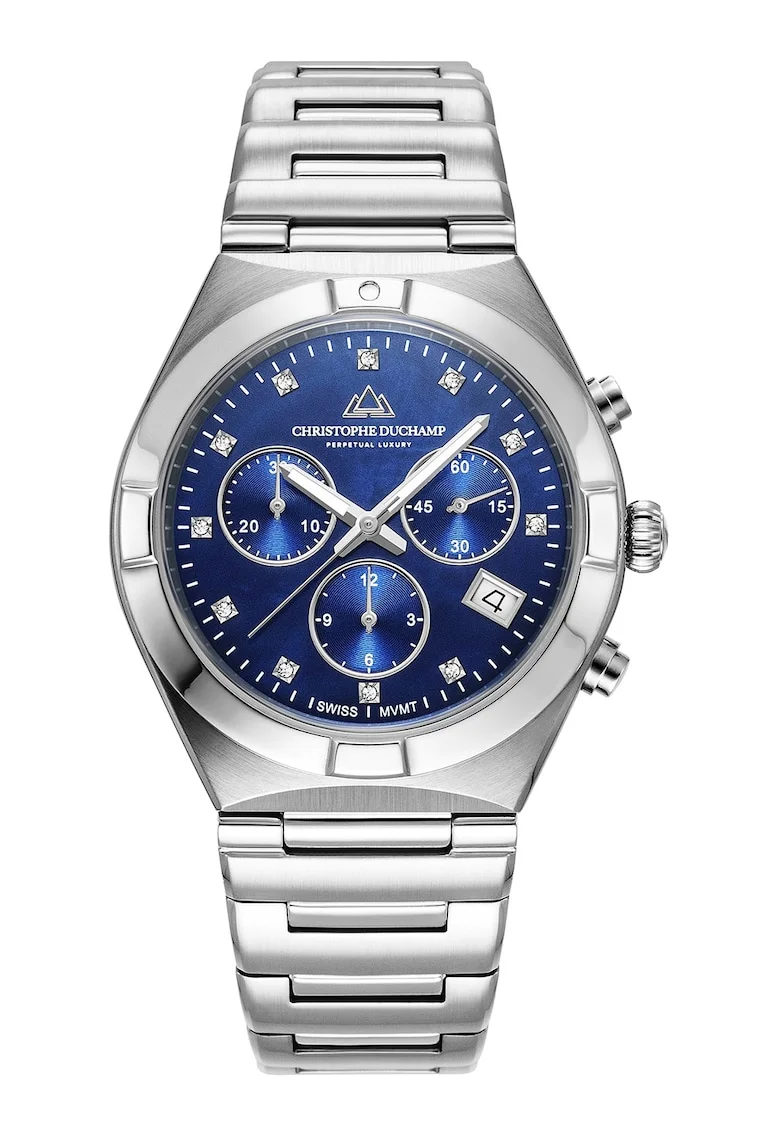 Ceas cronograf cu cadran decorat cu 11 diamante, Argintiu