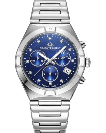 Ceas cronograf cu cadran decorat cu 11 diamante, Argintiu