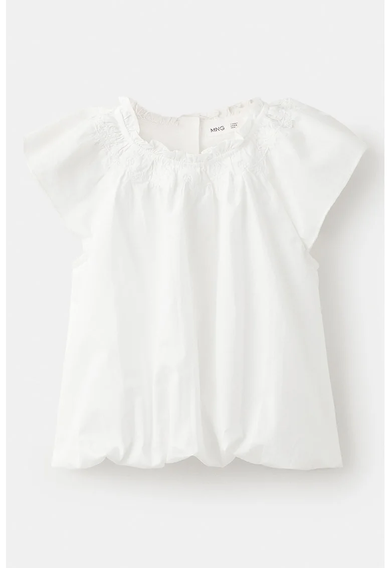 Bluza din bumbac cu broderie si maneci scurte, Alb