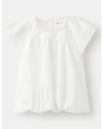 Bluza din bumbac cu broderie si maneci scurte, Alb