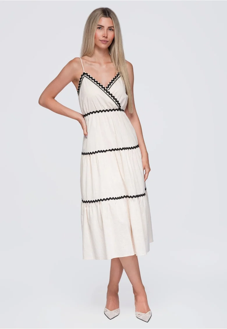 Rochie midi dama rozkloszata cu decolteu in V si ramitte ajustabile OW-DLR-E0006, Bej