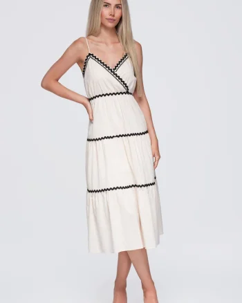 Rochie midi dama rozkloszata cu decolteu in V si ramitte ajustabile OW-DLR-E0006, Bej