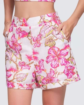 Pantaloni scurti dama cu talie inalta, relaxati, cu buzunare si elastic OW-ST-E0028, Roz