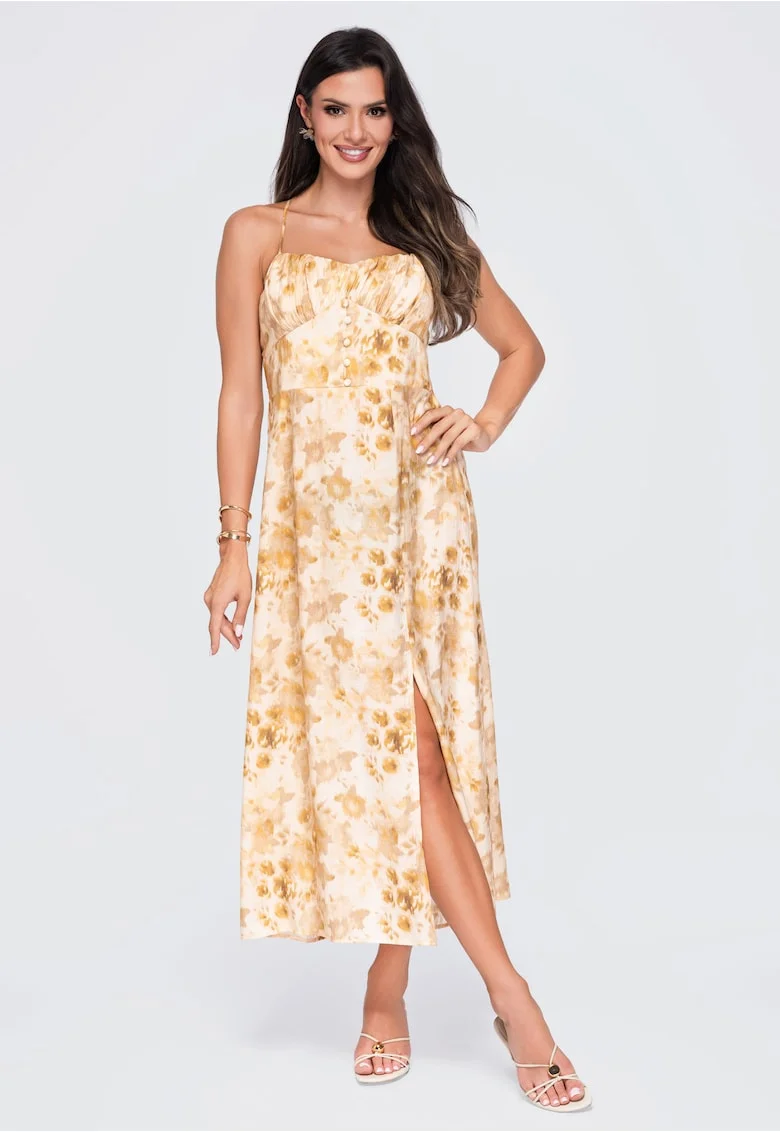 Rochie maxi eleganta cu decolteu patrat si ramite ajustabile OW-DLR-E0019, Galben