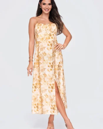 Rochie maxi eleganta cu decolteu patrat si ramite ajustabile OW-DLR-E0019, Galben