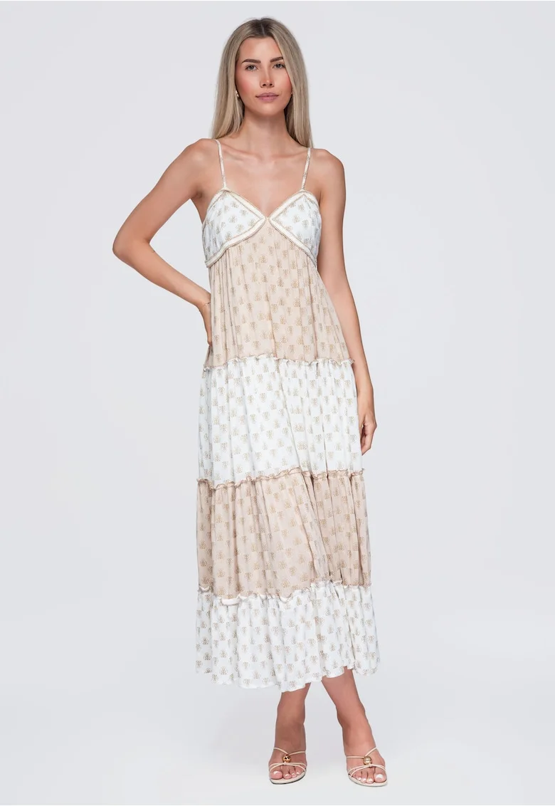Rochie maxi cu decolteu in V si croiala lejera OW-DLR-E0007, Bej