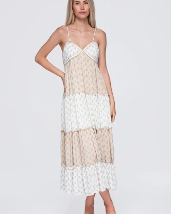 Rochie maxi cu decolteu in V si croiala lejera OW-DLR-E0007, Bej