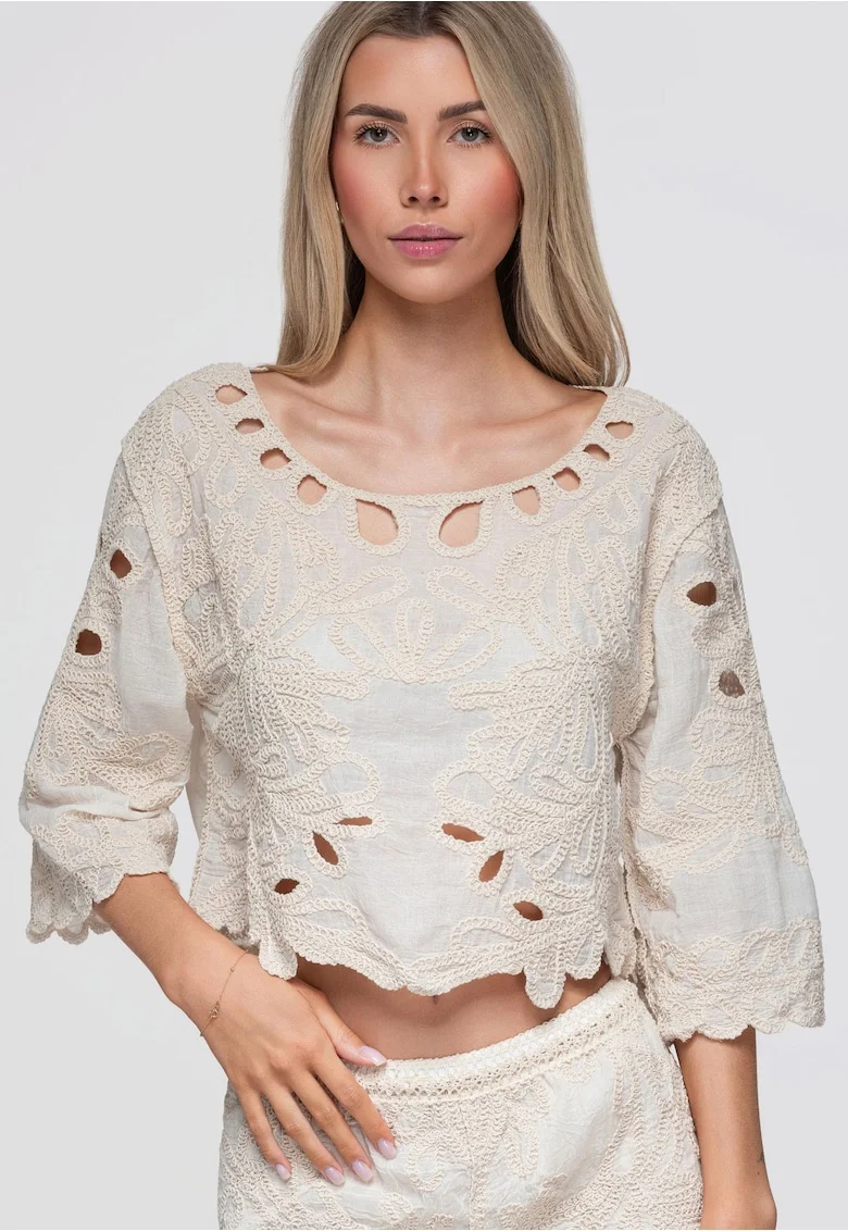 Bluza dama scurta cu decolteu rotund si detalii fit lejer OW-TS-E0070, Bej