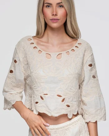 Bluza dama scurta cu decolteu rotund si detalii fit lejer OW-TS-E0070, Bej