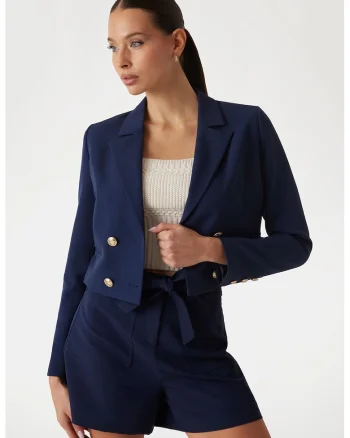 Sacou crop cu nasturi contrastanti, Bleumarin