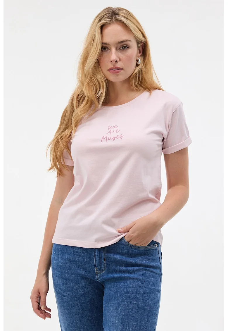 Tricou cu decolteu rotund si mesaj, Roz pastel
