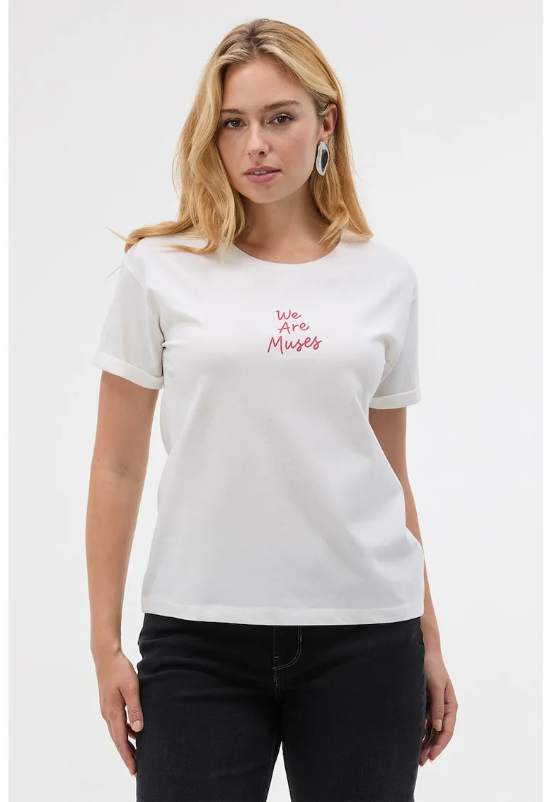 Tricou cu decolteu rotund si mesaj, Rosu/Alb