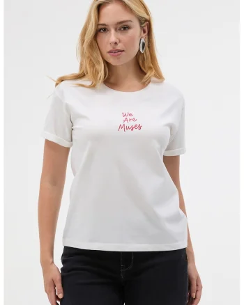 Tricou cu decolteu rotund si mesaj, Rosu/Alb