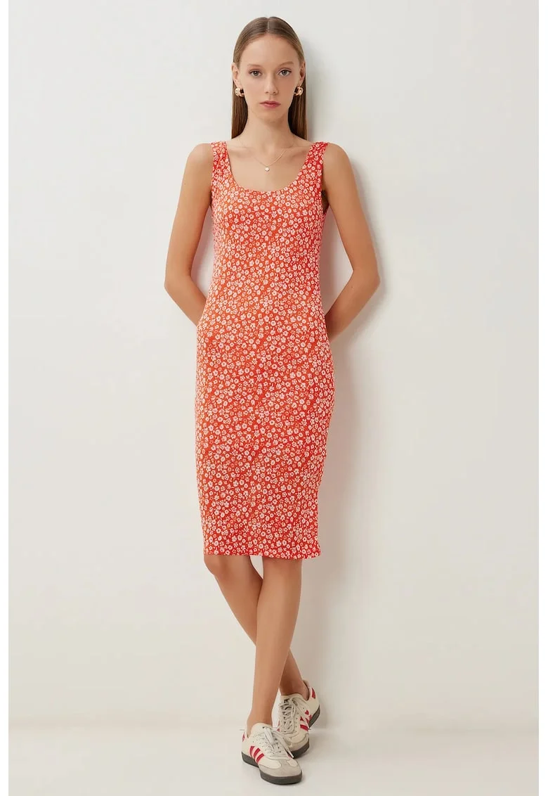 Rochie Midi, Happiness Istanbul, Imprimeu Floral, Portocalie, Tricot, Portocaliu deschis